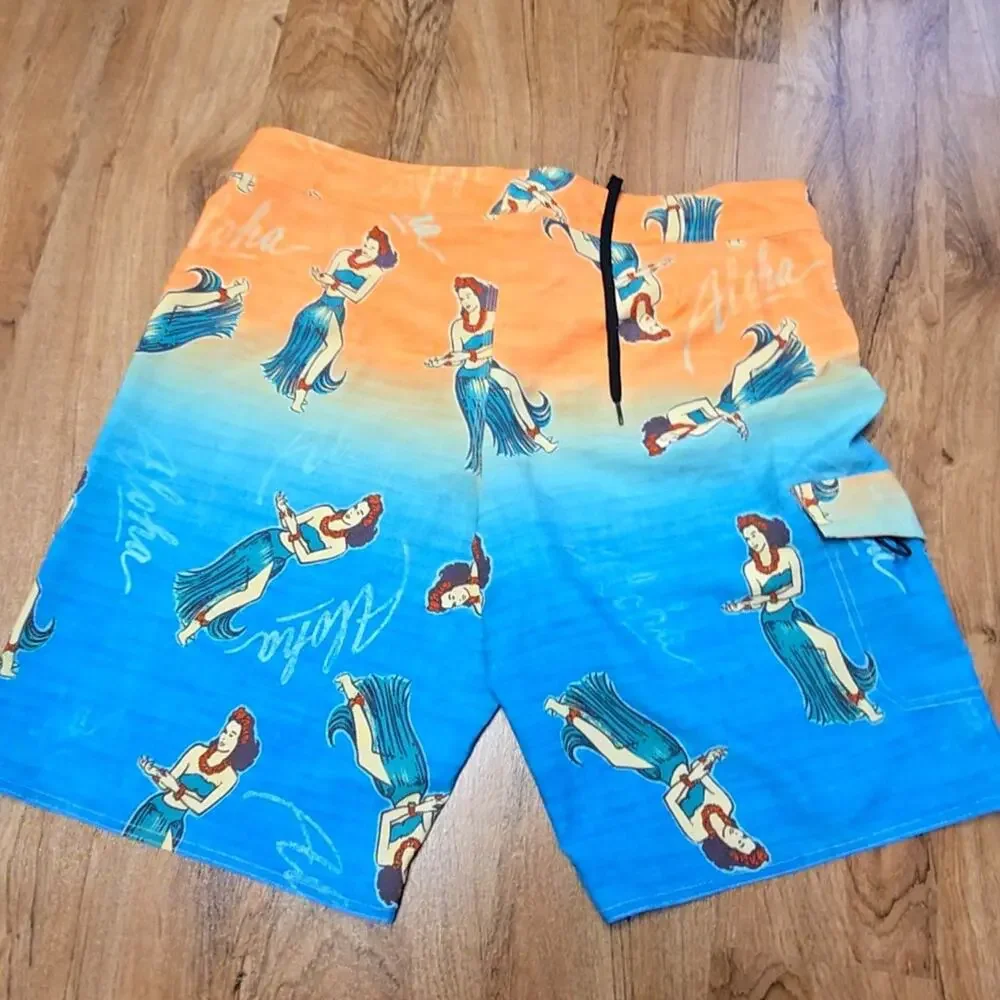 Hang Ten Hula Girl Graphic Board Shorts Orange Blue Mens 38 Swim Trunks
